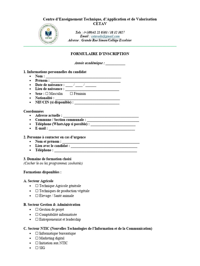 Formulaire d'inscription CETAV 2023 | PDF | Application | Technologies ...