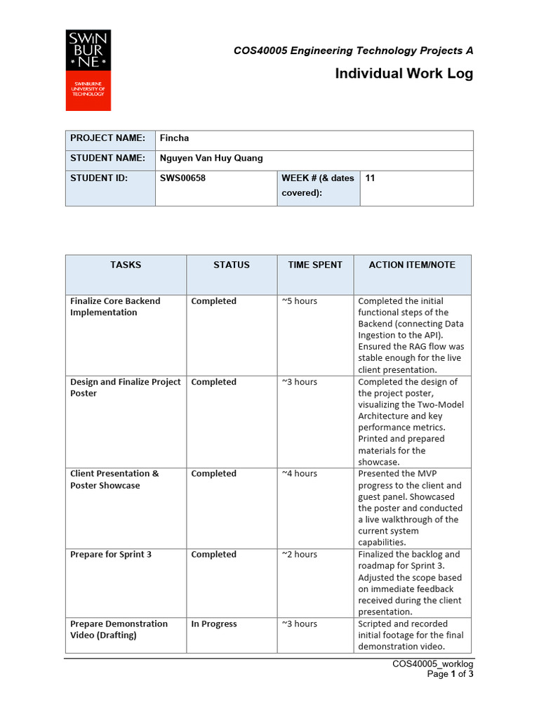 Week 11 Work Log for Fincha Project | PDF | Computing | Information ...