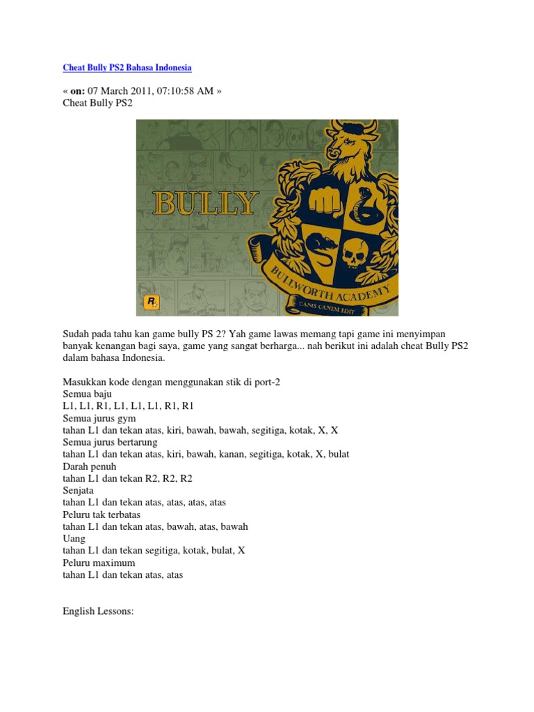 Cheat Bully Ps2 Bahasa Indonesia Pdf