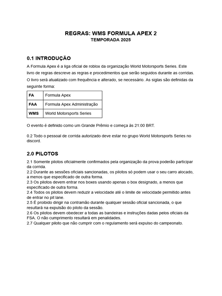 Regras da Liga Formula Apex 2025 | PDF | Corridas de automóveis ...