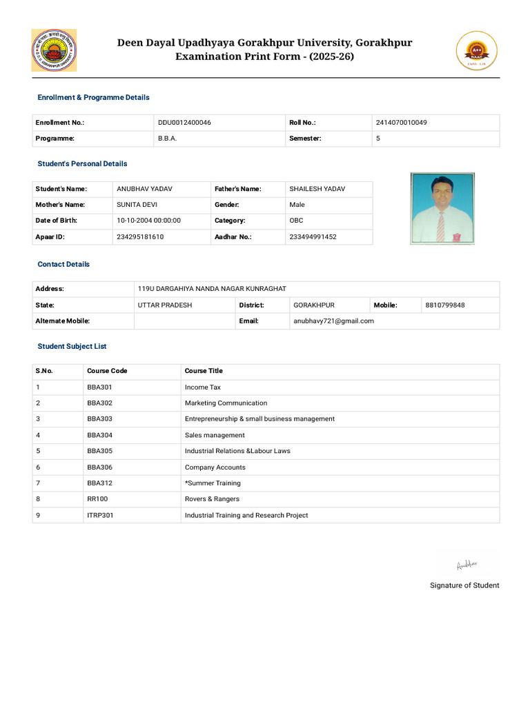 DDU Gorakhpur University Exam Form 2025-26 | PDF