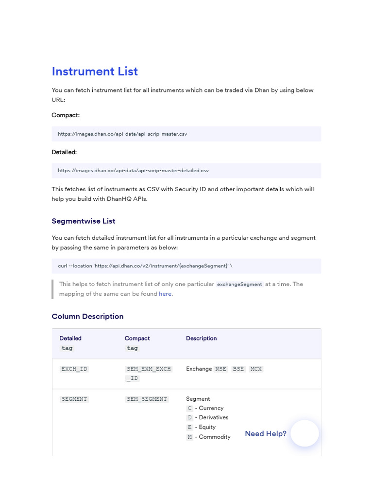 Dhan Instrument List API Guide | PDF | Option (Finance) | Derivative ...