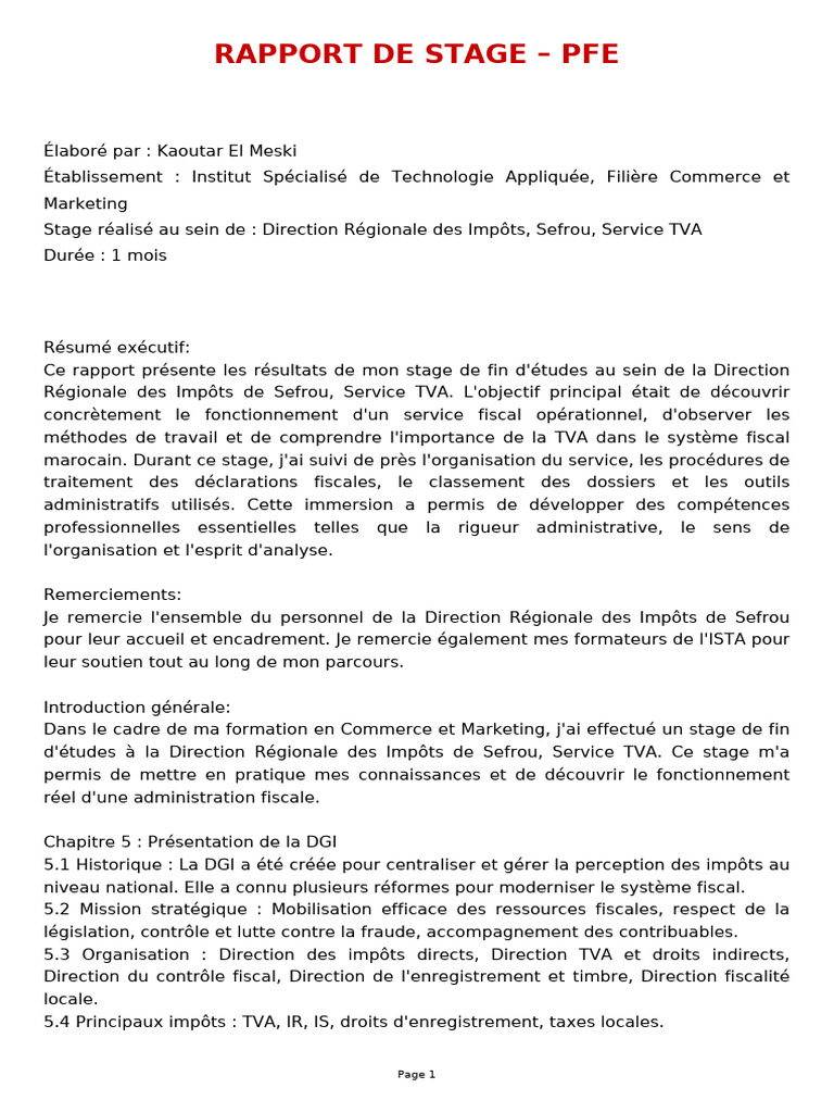 Rapport de stage au Service TVA Sefrou | PDF | Impôts | Taxe sur la ...