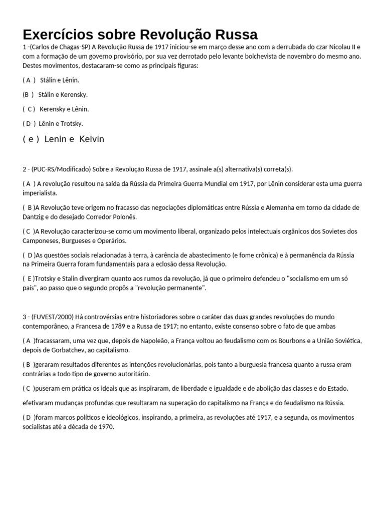 Exercícios sobre a Revolução Russa 1917 | PDF | Primeira Guerra Mundial ...