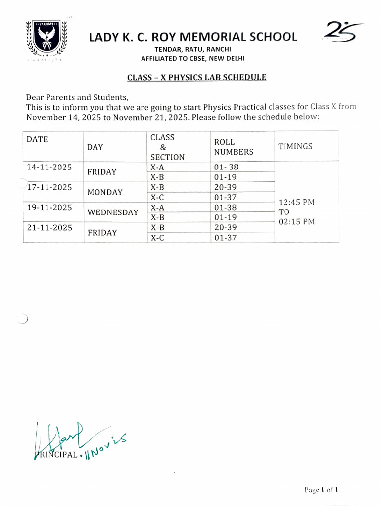 Class X Physics Practical Schedule | PDF