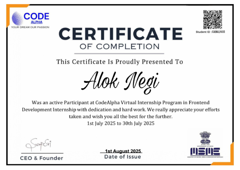Code Alpha Internship Certificate | PDF