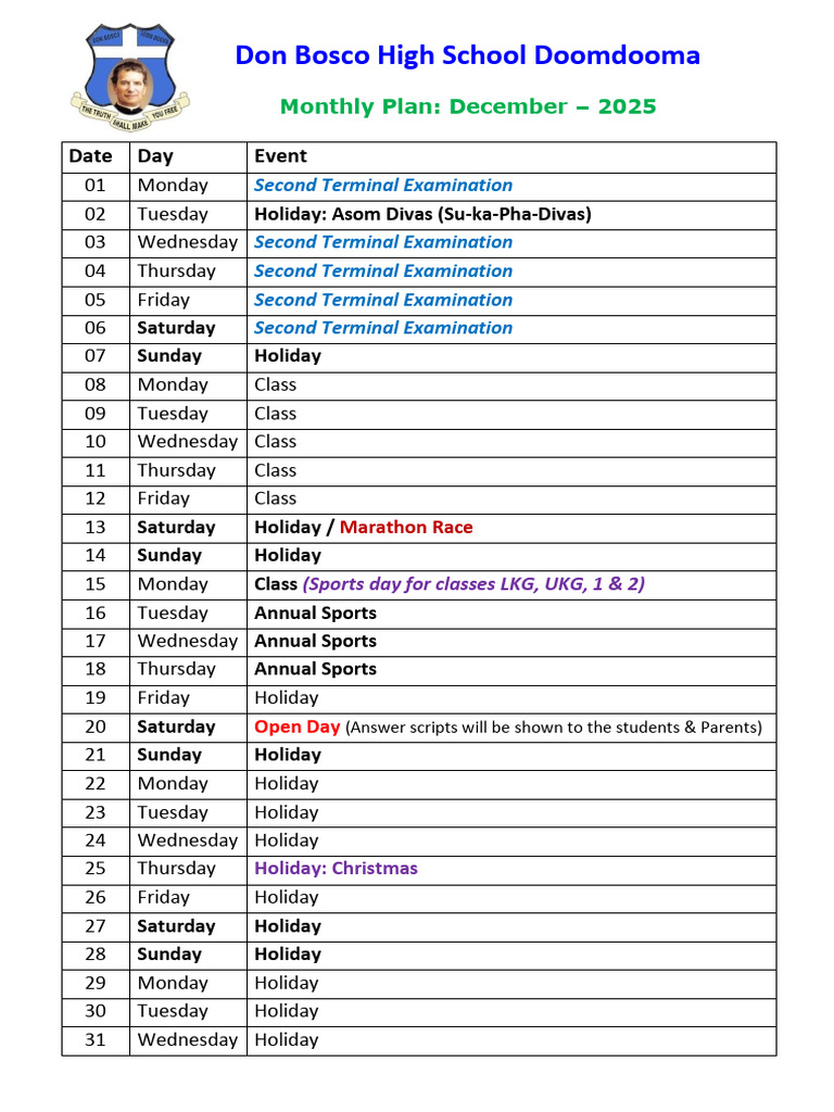Don Bosco High School December 2025 Plan | PDF