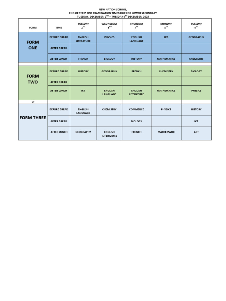 Term One Examination Time Table For Lower Secondary 25 | PDF