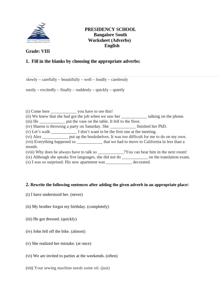 Adverb Worksheet for Grade VIII English | PDF