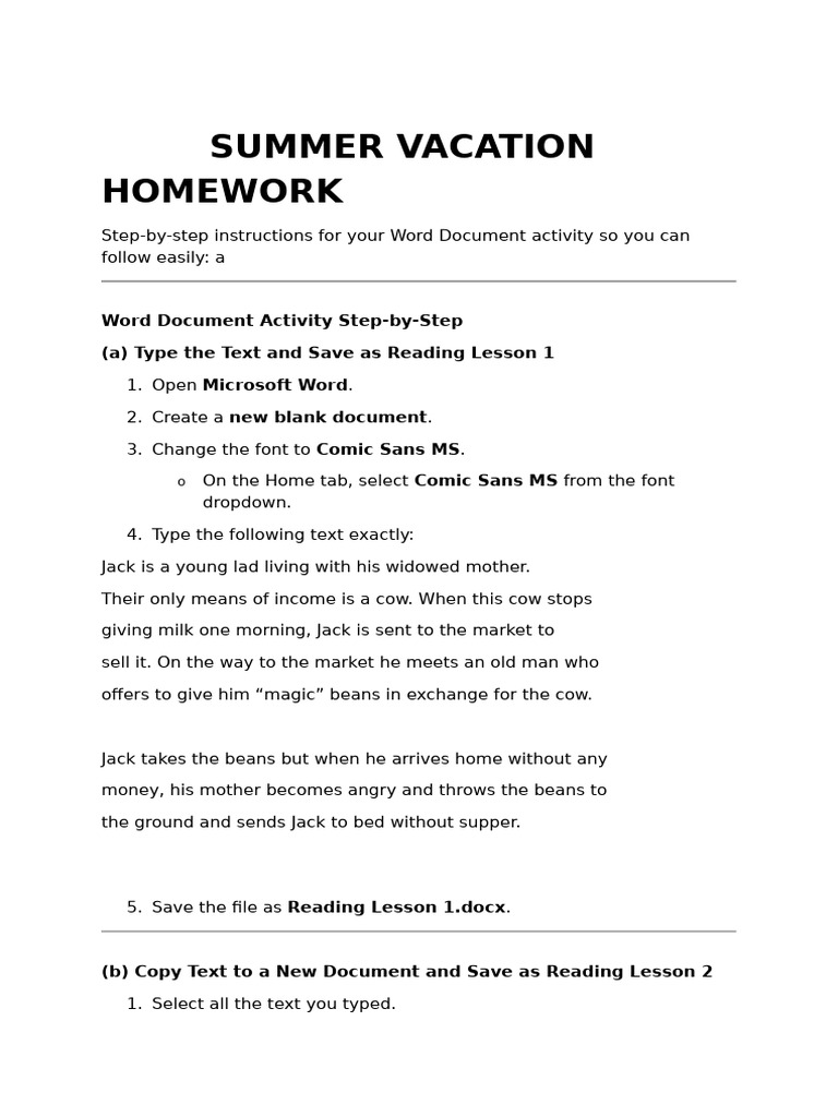 Summer Vacation Homework | PDF | Microsoft Word | Text