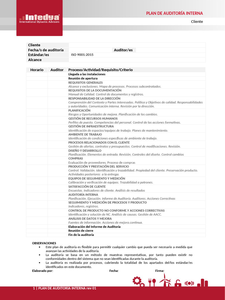 Plan de Auditoría Interna ISO 9001:2015 | PDF | Auditoría | Calidad ...