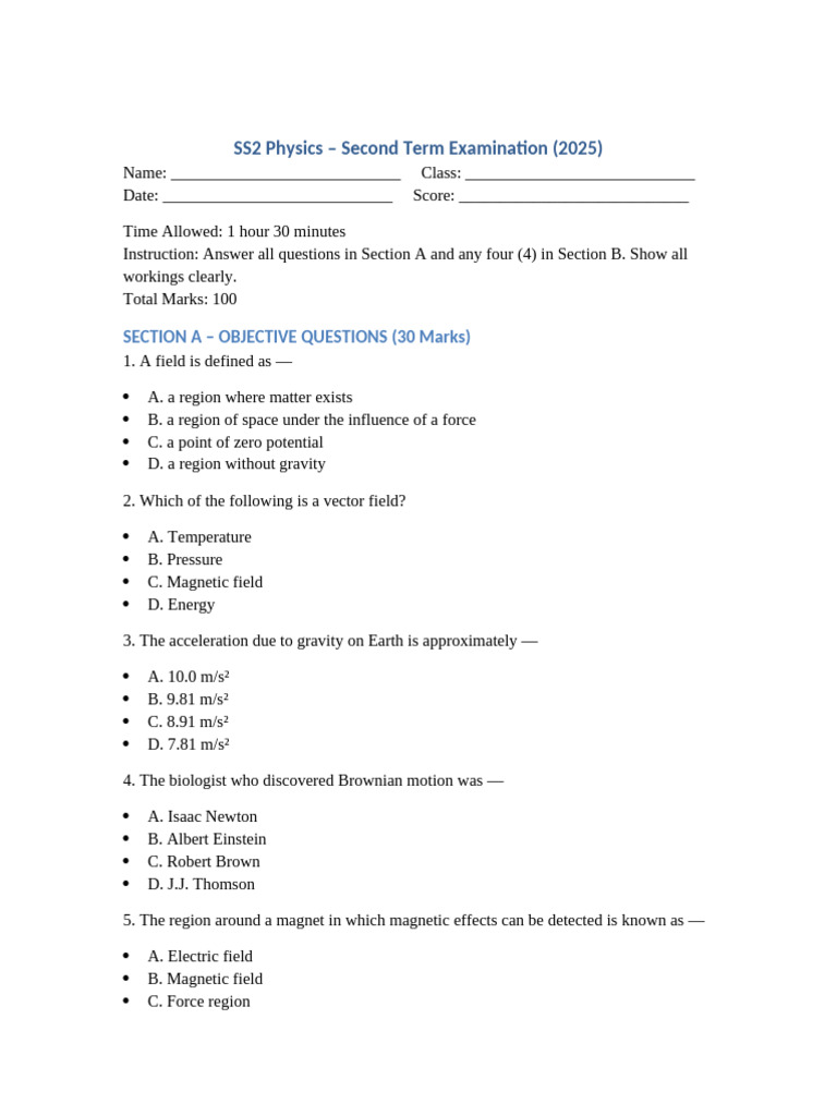 SS2 Physics Second Term Examination 2025 | PDF | Electric Current ...