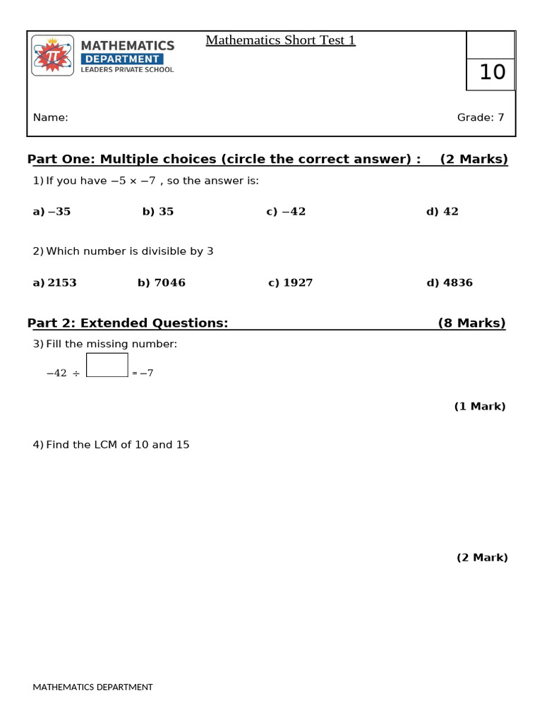 Grade 7 Mathematics Test Questions | PDF