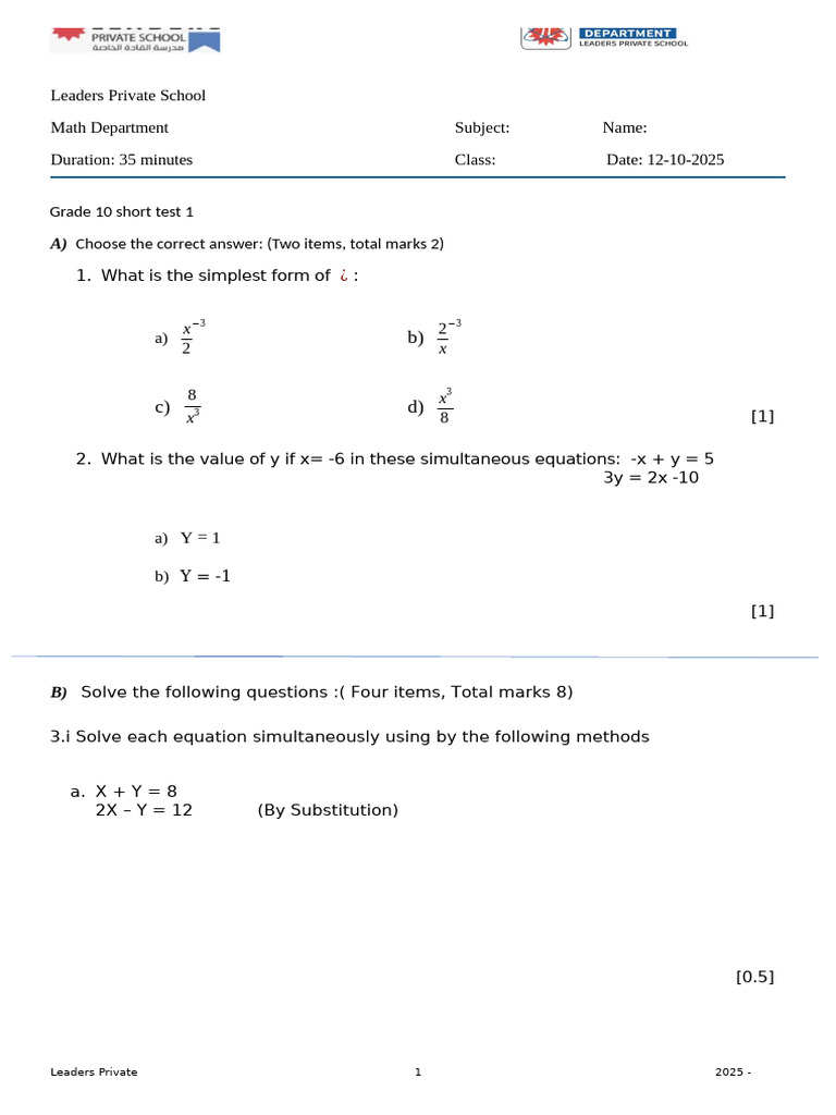 Grade 10 Math Test - Leaders Private School | PDF | Mathematics