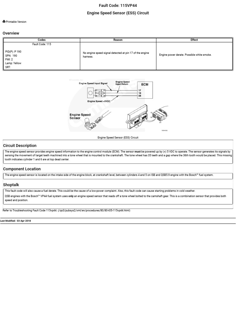 Engine Speed Sensor Fault Code 115VP44 | PDF