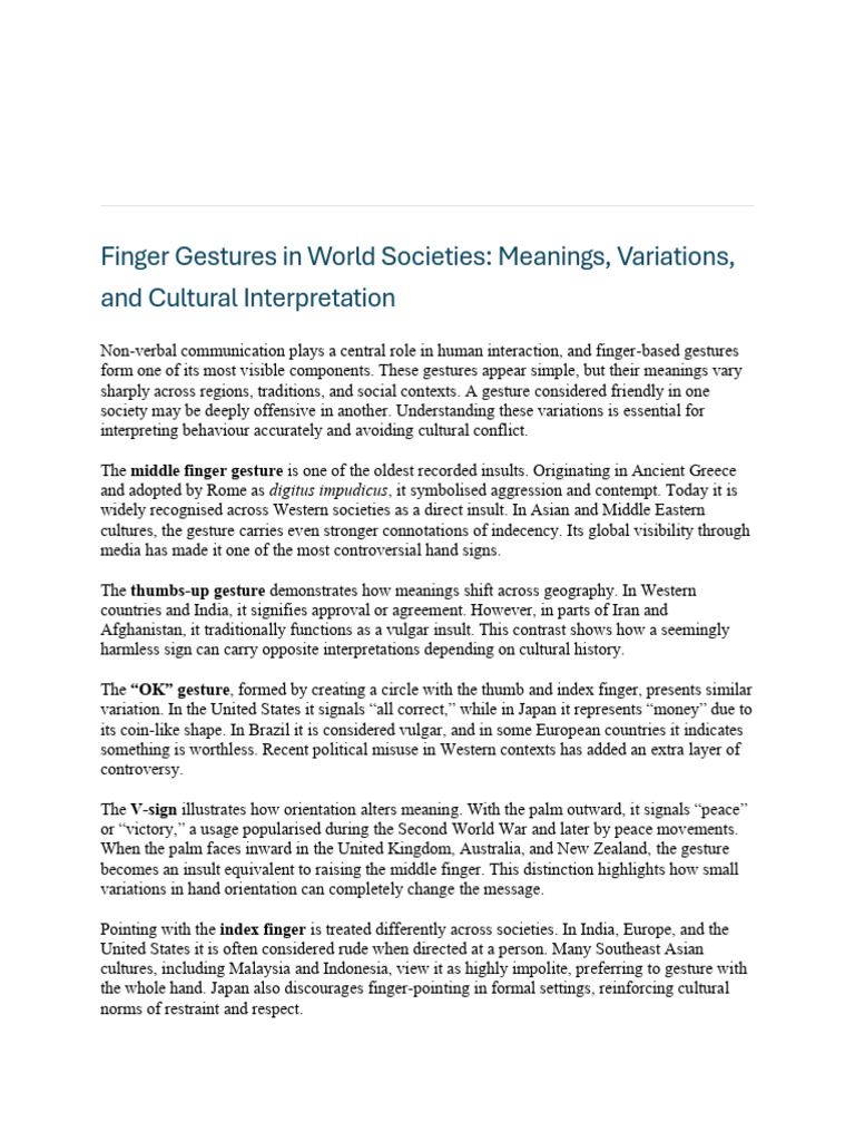 Cultural Meanings of Finger Gestures | PDF | Gesture | Nonverbal ...
