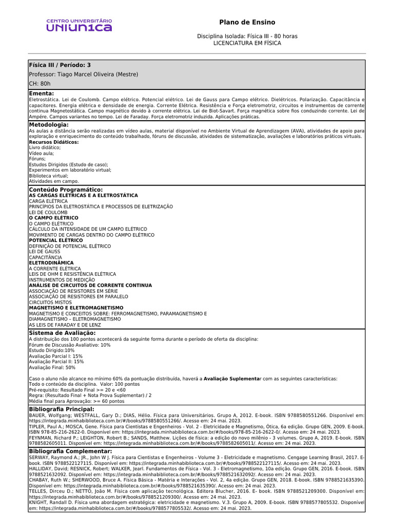 Plano de Ensino: Física III Licenciatura | PDF | Eletricidade | Campo ...