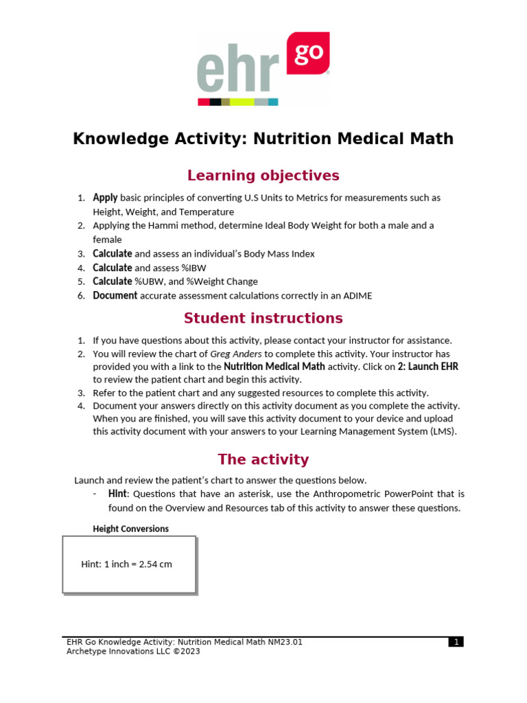 Nutrition Medical Math Activity Guide | PDF | Body Mass Index | Human ...