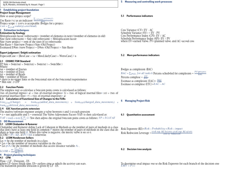 SOEN 384 Project Management Formula Sheet | PDF | Risk