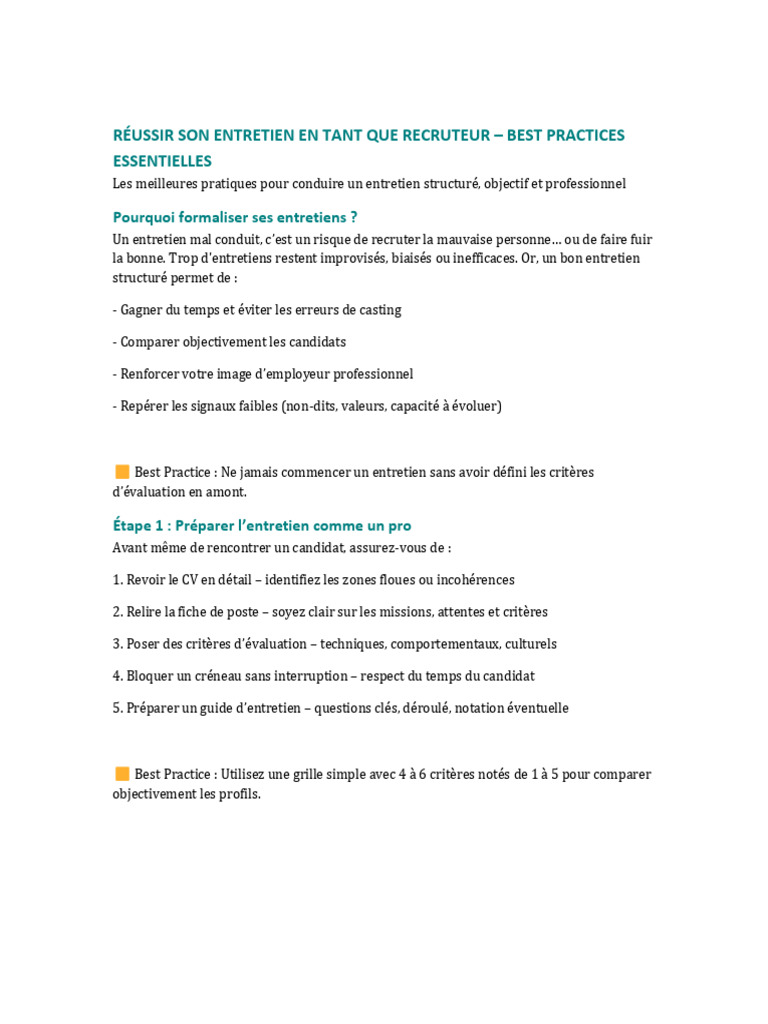 Best Practices pour un Entretien Réussi | PDF