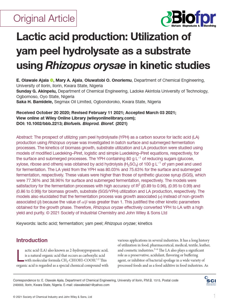 Lactic Acid from Yam Peel Hydrolysate | PDF | Fermentation | Lactic Acid