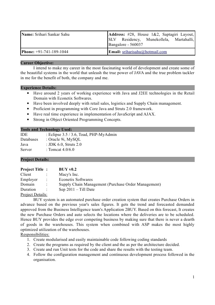 Java Developer Resume - Srihari Sahu | PDF | Sales | Java (Programming ...