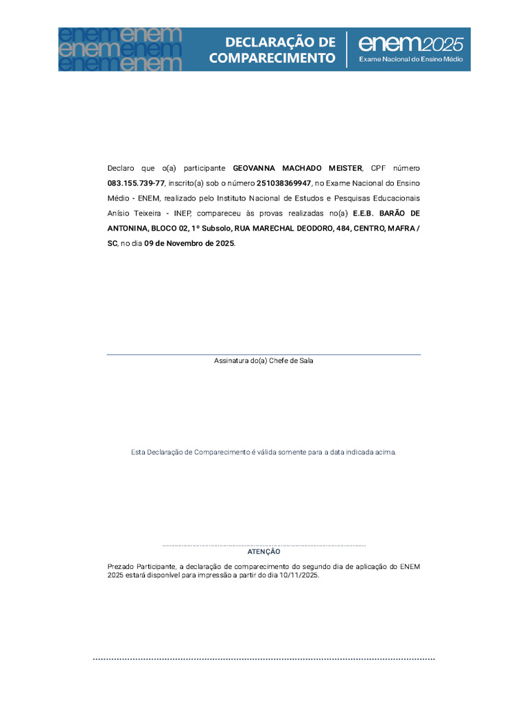 Declaração de Comparecimento ENEM 2025 | PDF