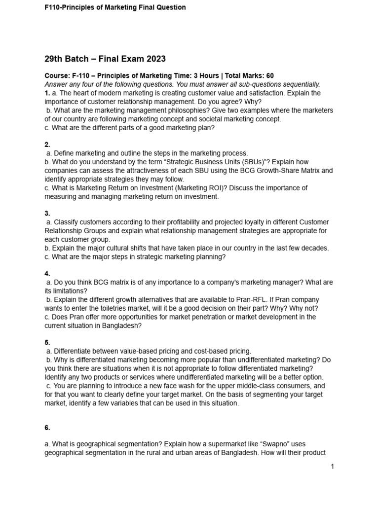 Principles of Marketing Final Exam Questions | PDF | Marketing ...