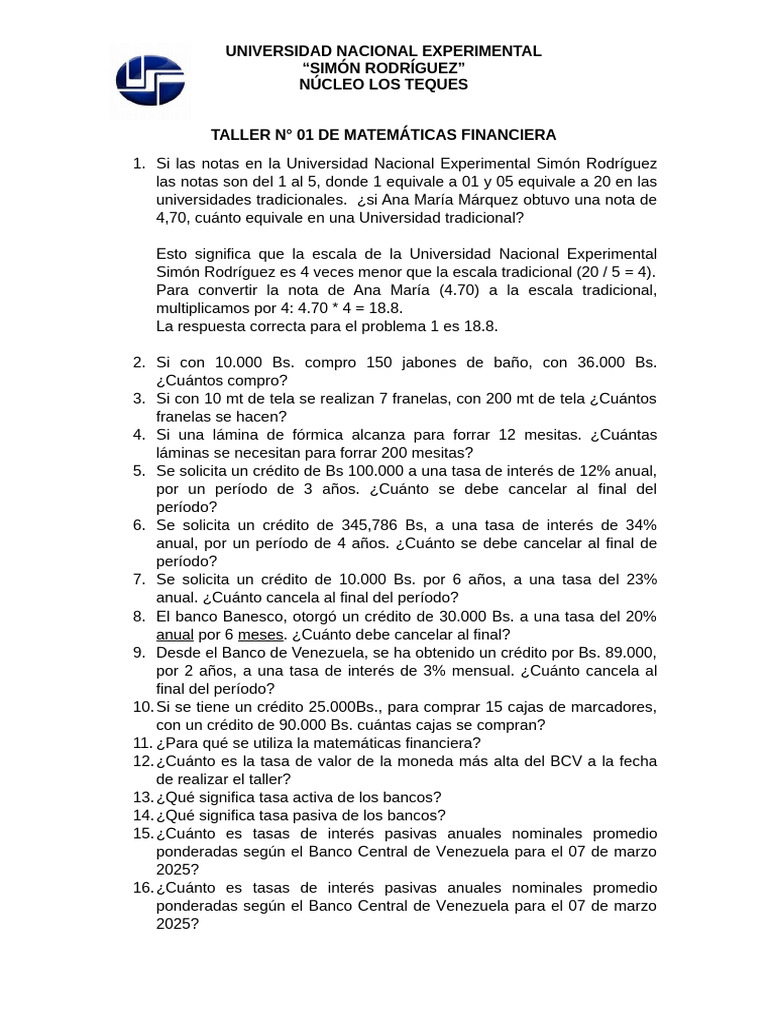 Taller de Matemáticas Financieras UENSR | PDF | Servicios financieros ...