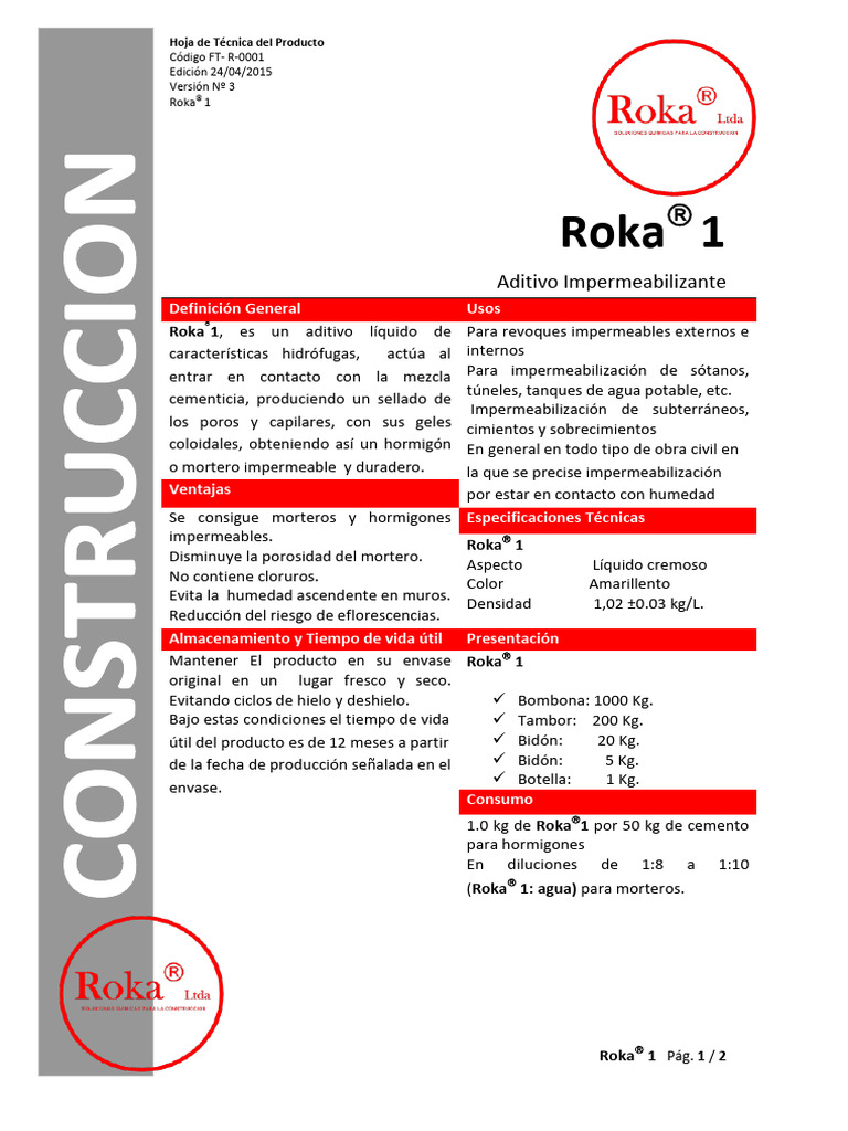 Aditivo Impermeabilizante Roka® 1 | PDF | Hormigón | Agua