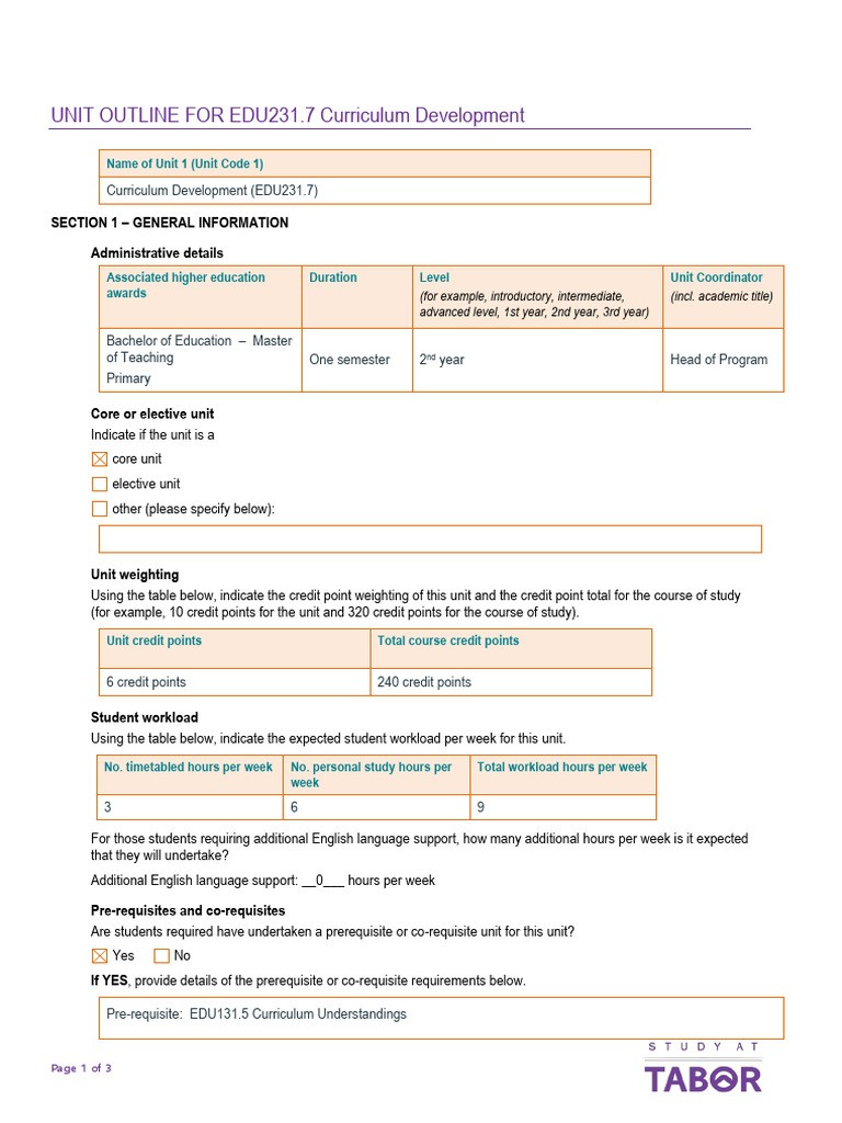 Curriculum Development Unit Outline EDU231.7 | PDF | Curriculum | Cognition