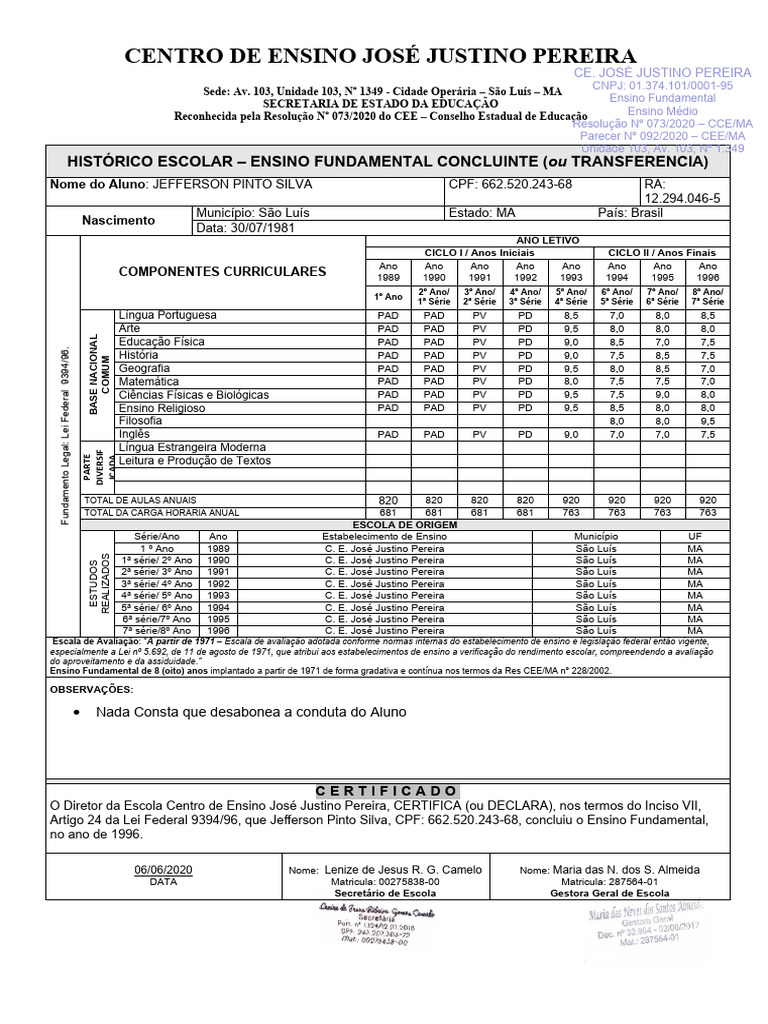 Historico Escolar Fundamental | PDF