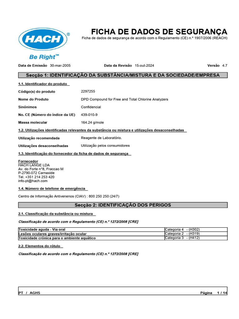 Ficha de Segurança DPD para Analisadores | PDF | Toxicidade | Desperdício