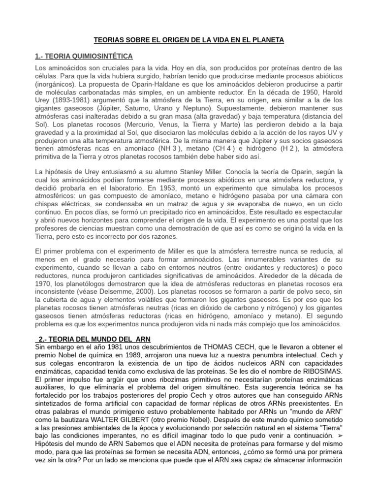 Lectura Sobre Las Teorias Del Origen de La Vida | PDF | Abiogénesis ...