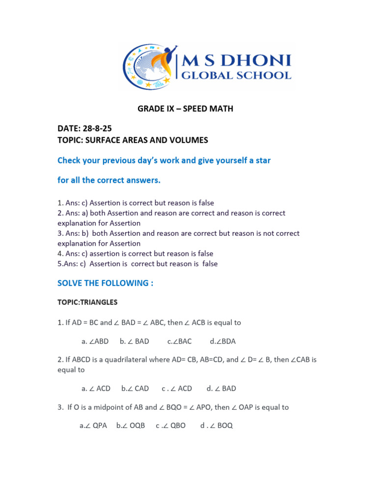 Grade Ix - Speed Math DATE: 28-8-25 Topic: Surface Areas and Volumes | PDF
