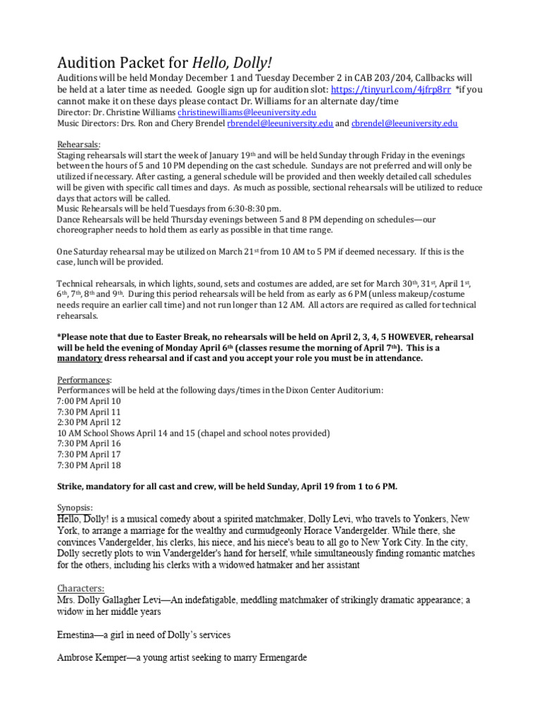 Hello Dolly Audition Packet | PDF | Performing Arts | Musicology