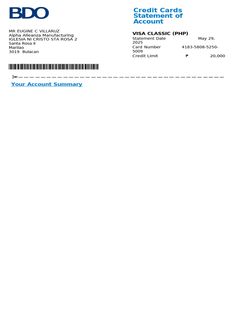 Bdo-Soa-Visa Classic-55288434-05292025 | PDF | Credit Card | Banks