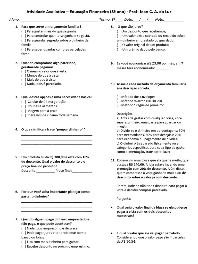 Atividade de Educação Financeira 8º Ano | PDF | Dinheiro | Empréstimos