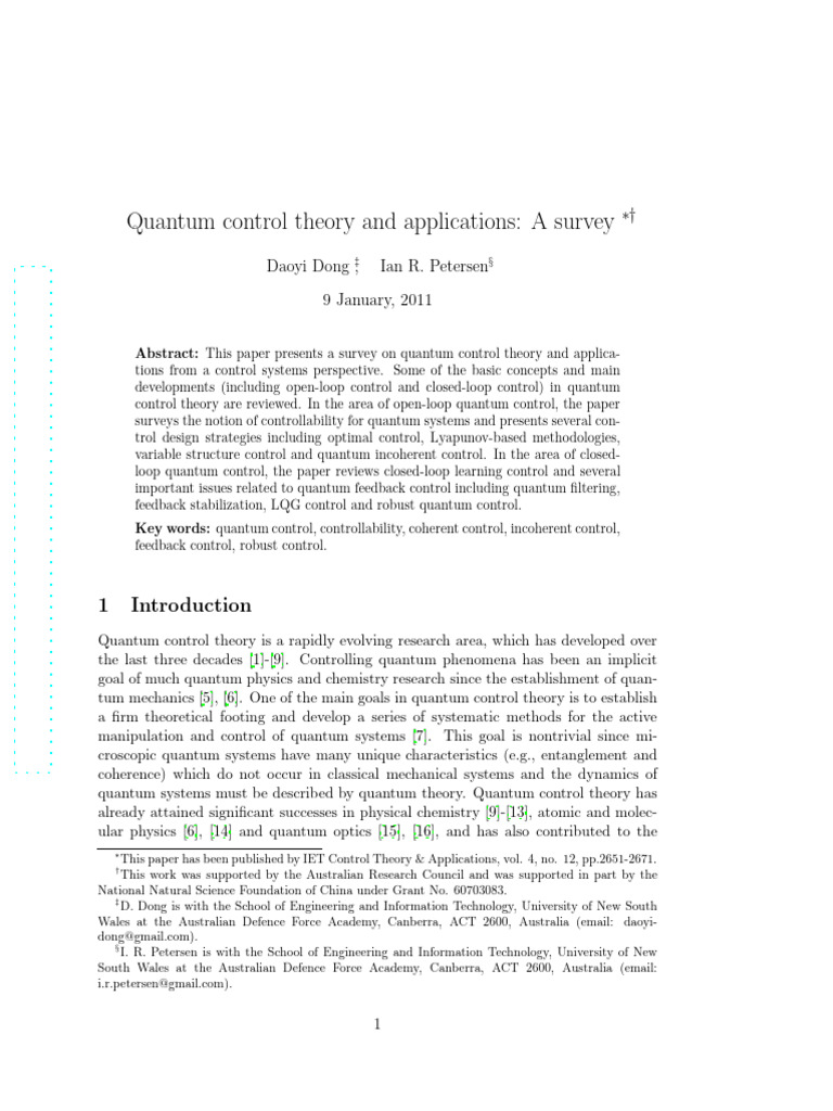 Survey of Quantum Control Theory | PDF | Quantum Mechanics | Control Theory