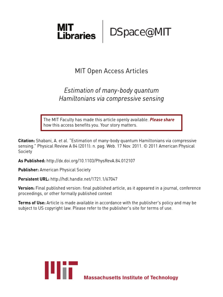 Lloyd 2011 Estimation of Many Body Quantum | PDF | Hamiltonian (Quantum ...