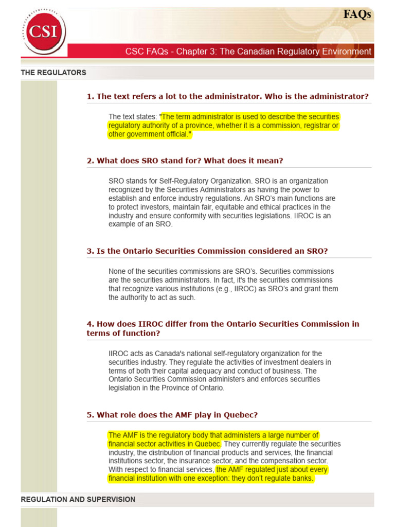 Canadian Securities Regulation FAQs | PDF | Securities (Finance ...