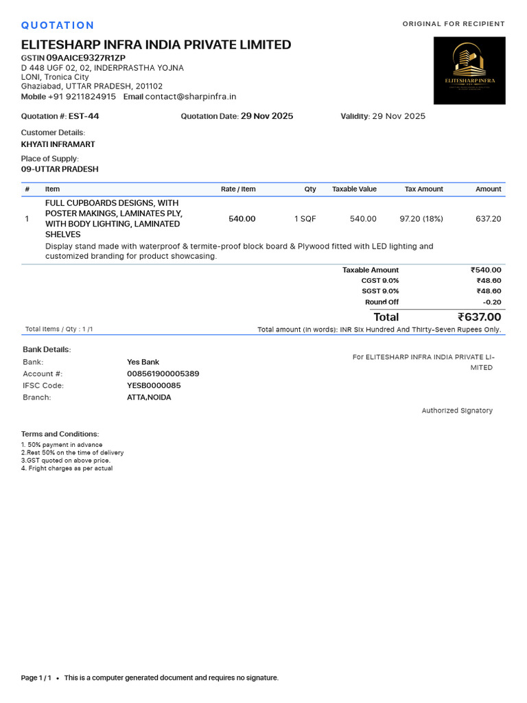 Quotation for Custom Cupboards Design | PDF | Economy Of India | Taxation