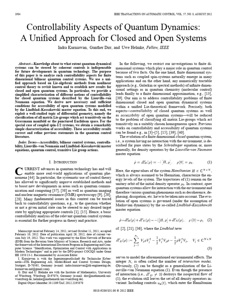 Quantum Control: Controllability Analysis | PDF | Lie Groups | Lie Algebra