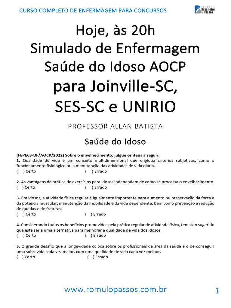 Simulado de Enfermagem: Saúde do Idoso | PDF | Enfermagem | Terceira idade