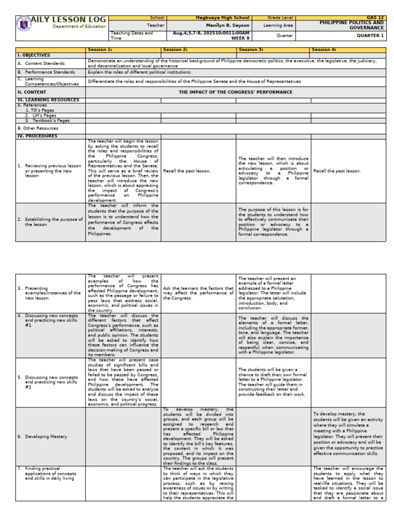 Philippine Politics and Governance Q1 WEEK8 EDITED | PDF | Teachers | Skill