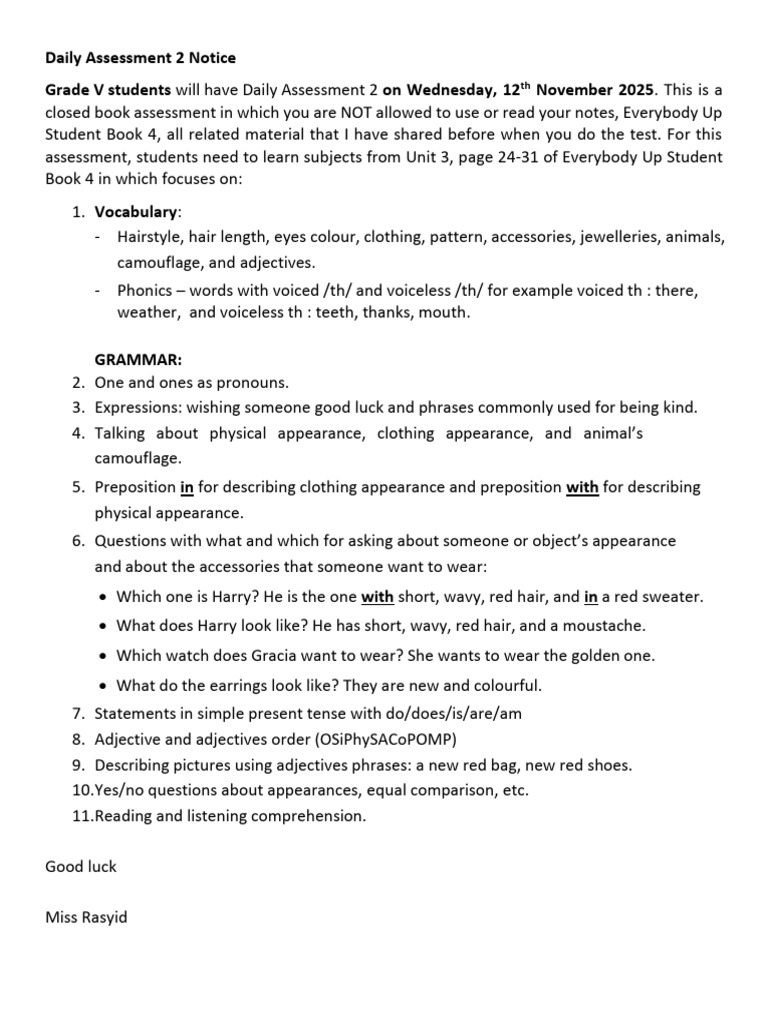 Grade V Daily Assessment 2 Details | PDF