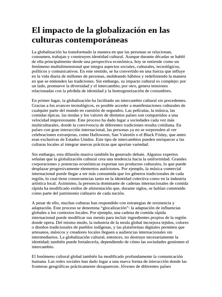 Impacto de la Globalización Cultural | PDF | Globalización | Sociedad