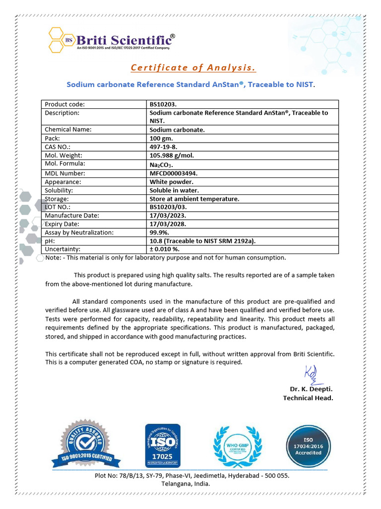Sodium Carbonate Reference Standard COA | PDF
