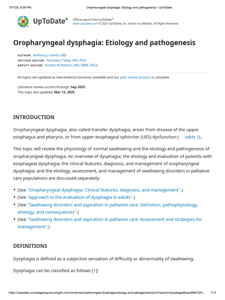 Oropharyngeal Dysphagia: Causes & Mechanisms | PDF | Esophagus ...