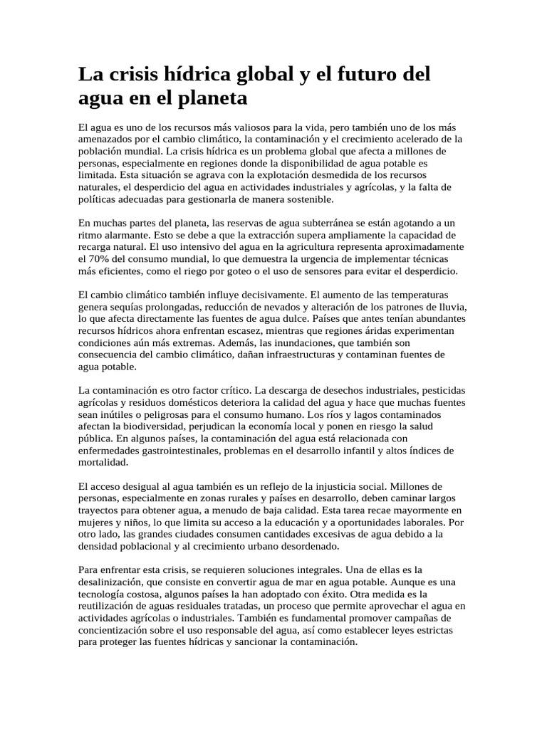 Crisis hídrica global y soluciones sostenibles | PDF | Agua | Escasez ...